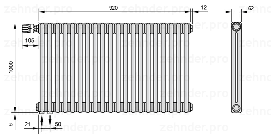 Схема (чертеж) Радиатор Zehnder Charleston 2100/20 №V001 Белый глянцевый RAL 9016